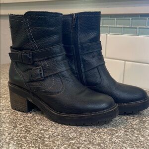 Jade Black Leather Moto Combat Boots with Buckle Straps
